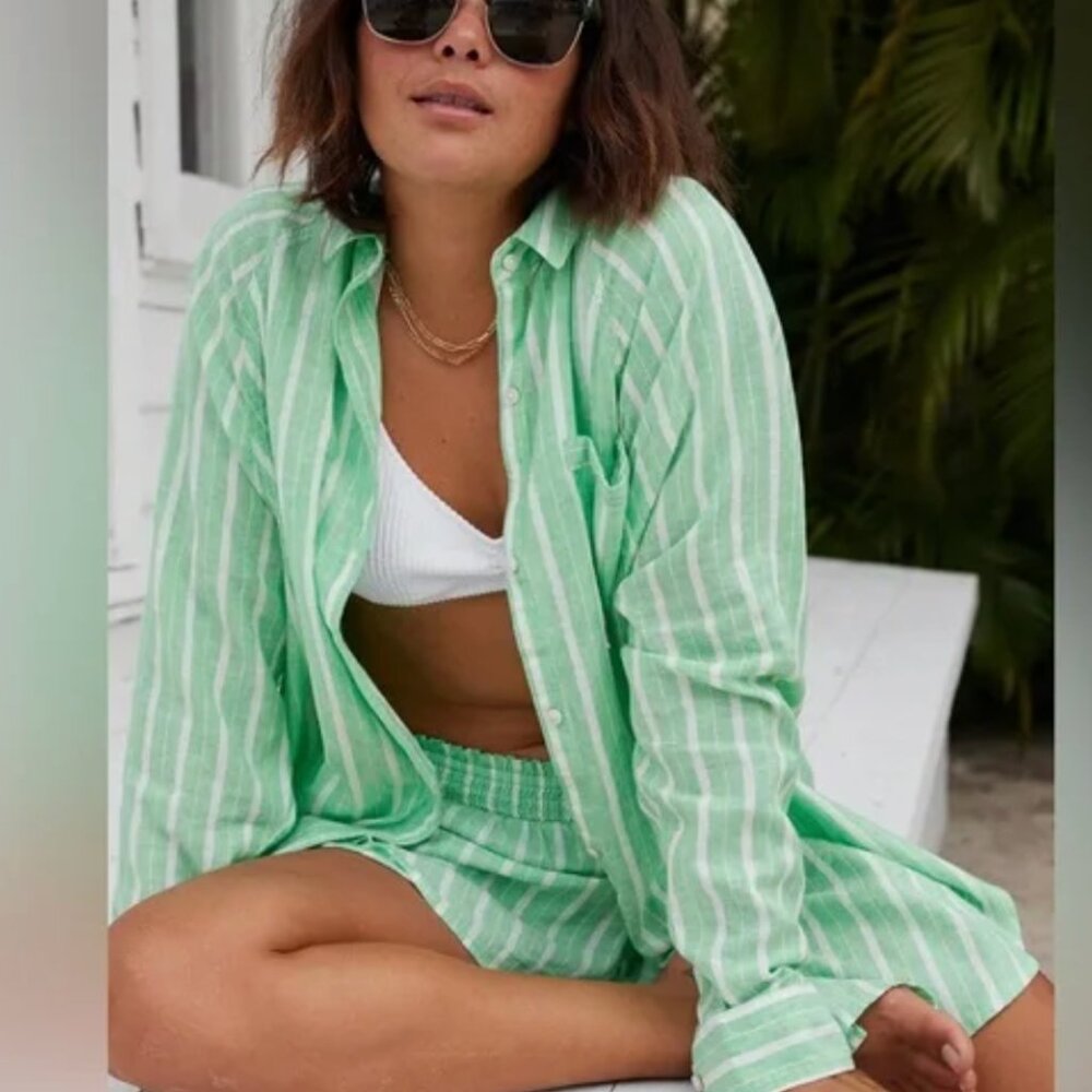 Aerie | Pool To Party Linen Blend Green Striped Button Down Shirt | Size	Small